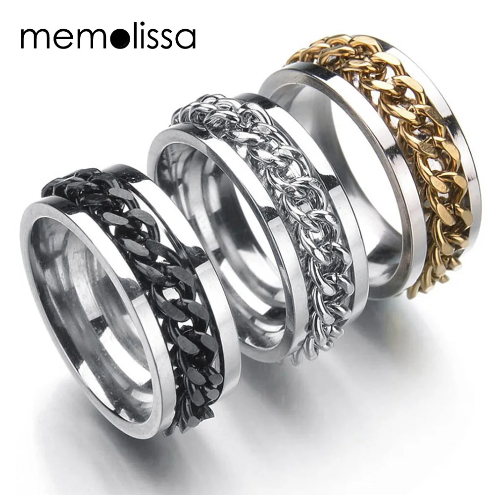 

MeMolissa Never Fade Stainless Steel Mens Wedding Rock Punk Biker Ring Gold Titanium Black Chain Spinner Rings For Men Gift
