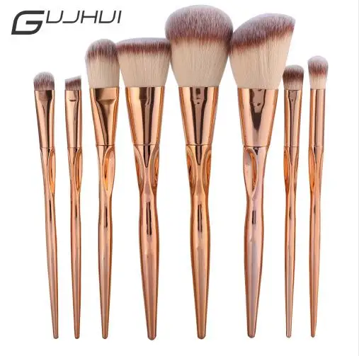 

GUJHUI Pro 8pcs Metal Makeup Brushes Set Cosmetic Face Foundation Powder Eyeshadow Blush Lip Plating Make Up Brush Kit Maquiagem