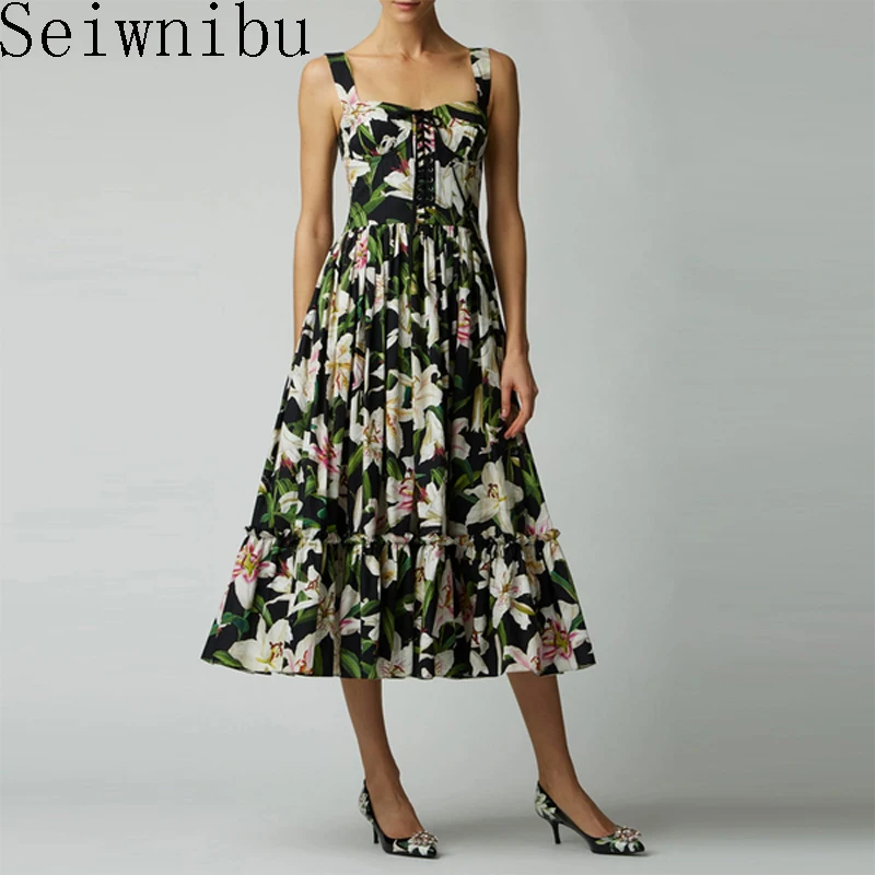 Fashion Runway Summer Dress 2019 New Women's Spaghetti Strap Backless Black Lily Floral Print midi Dress
Fashion Runway Summer Dress 2019 New Women's Spaghetti Strap Backless Black Lily Floral Print midi Dress