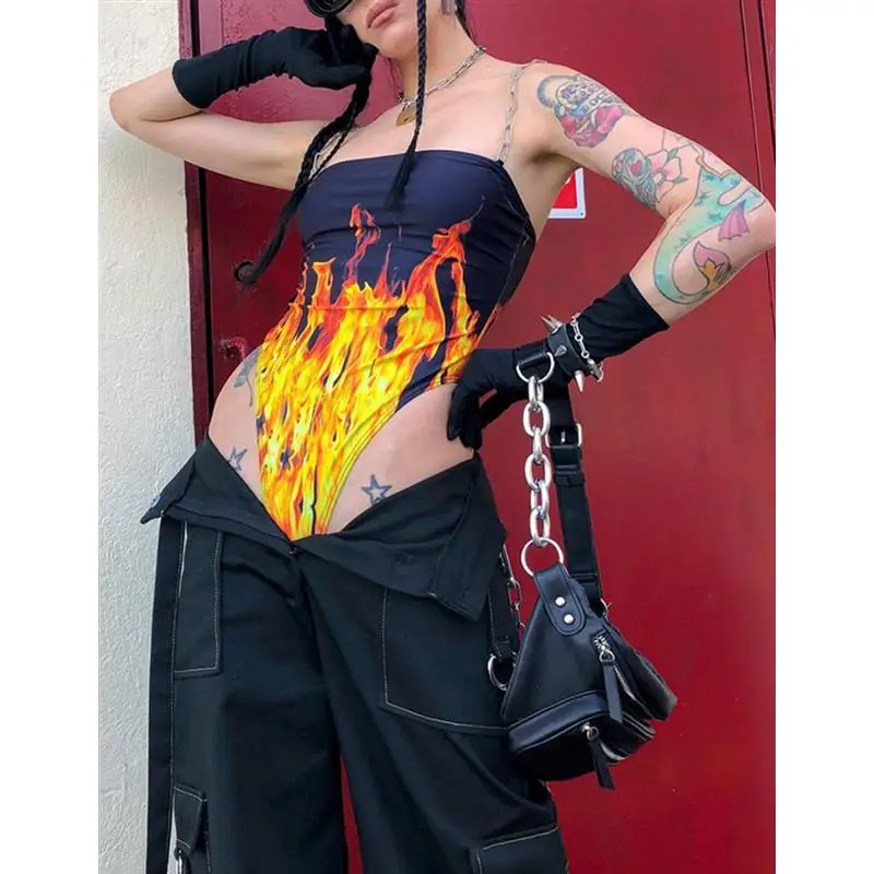 Metal Chain Strap Flame Print Bodysuit Streetwear T Shirt Body Suits for Women Sexy Clubwear One Piece Outfits AB1467
Metal Chain Strap Flame Print Bodysuit Streetwear T Shirt Body Suits for Women Sexy Clubwear One Piece Outfits AB1467