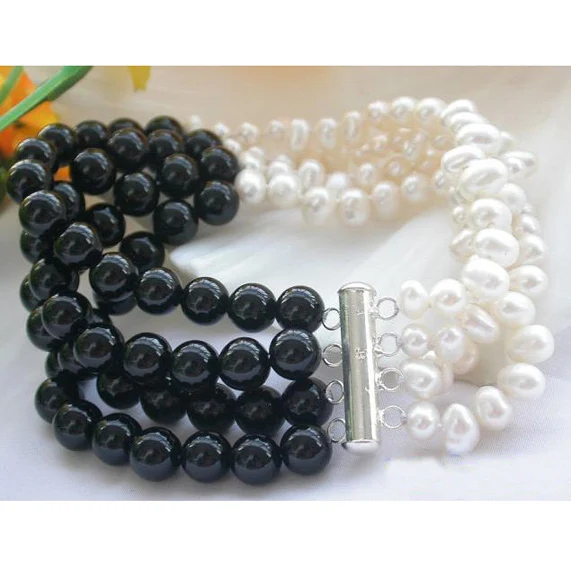 

Perfect Women Birthday,Chirstmas Gift Pearl Bracelet,4Rows 8inches Black A-gate White Rice Freshwater Cultured Pearl Bracelet