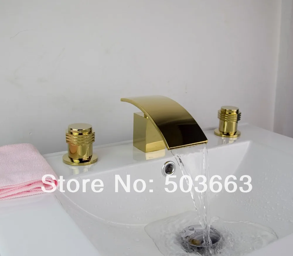 

luxury Polished Golden Waterfall 3 Pieces 2 Lever Bathroom Bathtub Basin Sink Faucet Vanity Mixer Tap Deck Mounted MF-616