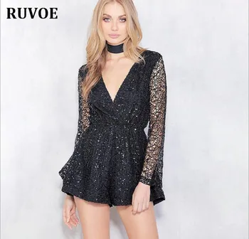 

Sexy v neck lace summer jumpsuit romper Women hollow out black nude short playsuit Elegant bow flare long sleeve overalls KLY-67