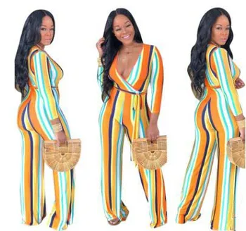 Summer Casual Full Sleeve Deep V Striped Pants Women's Wear Sexy Print Jumpsuits
Summer Casual Full Sleeve Deep V Striped Pants Women's Wear Sexy Print Jumpsuits