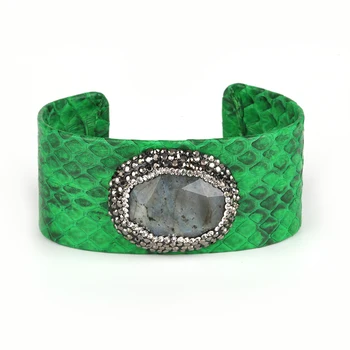 pave rhinestone oval grey labradorite stone bead charm adjustable green real snake leather wide wrapped bangle cuff for women
pave rhinestone oval grey labradorite stone bead charm adjustable green real snake leather wide wrapped bangle cuff for women