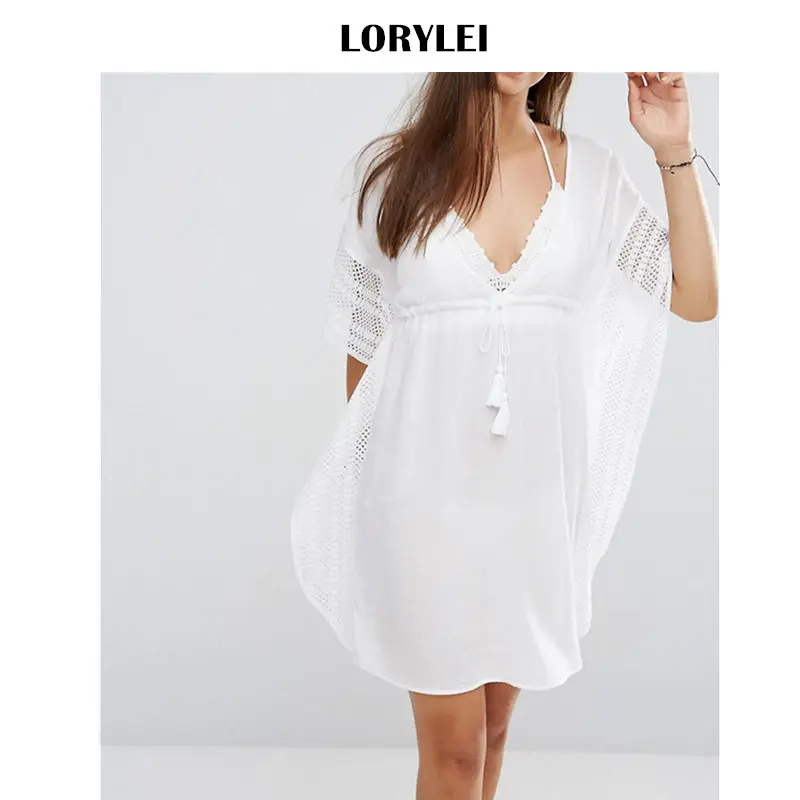 

Sexy Batwing Sleeve High Waist Chiffon Beach Dress Plus Size Tunic Women Summer See Through V-Neck Mini Dress pareo plage Q112