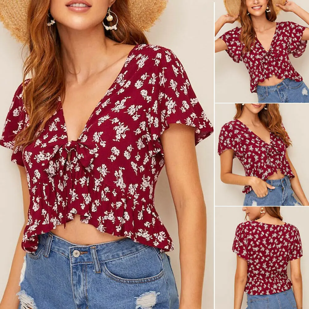 2019 New Women Ladies V Neck Blouses Big Flared Sleeve Umbilical Top Summer Short Sleeve Loose Blouse Shirt Casual Floral Tops
2019 New Women Ladies V Neck Blouses Big Flared Sleeve Umbilical Top Summer Short Sleeve Loose Blouse Shirt Casual Floral Tops