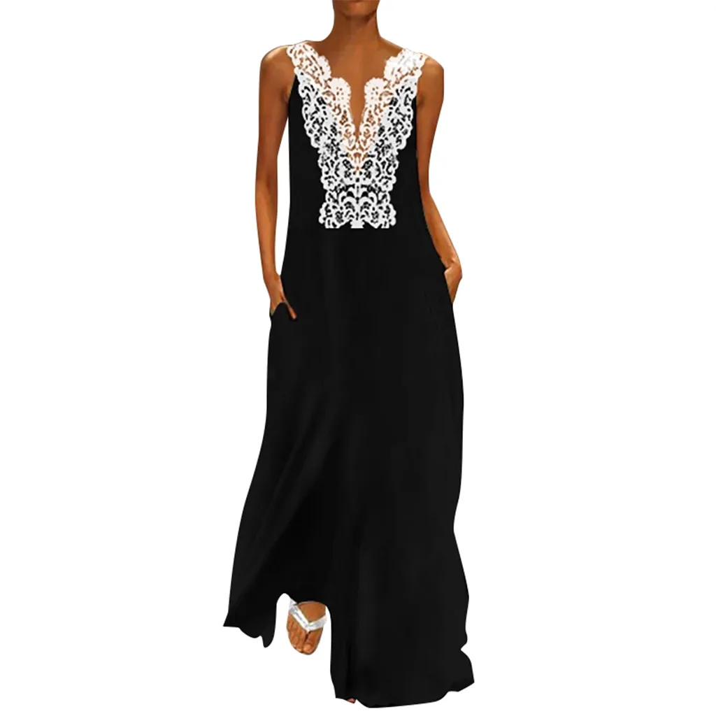 Women Summer Vintage Elegent Lace Hollow Out Patchwork Daily Casual V Neck Splicing Sleeveless Long Black Party Dress #B
Women Summer Vintage Elegent Lace Hollow Out Patchwork Daily Casual V Neck Splicing Sleeveless Long Black Party Dress #B