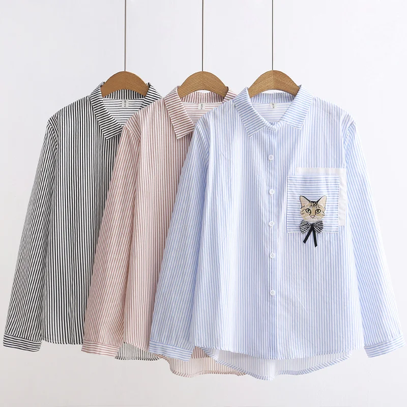 Женская рубашка с длинным рукавом на осень и зиму блузка вышивкой милого кота в