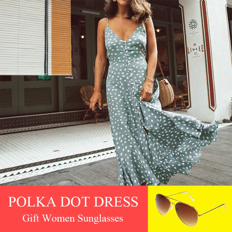 

Sexy v-neck polka dot women midi dress Loose sashes lace up female elegant dress Bohemian summer casual sundress 2019