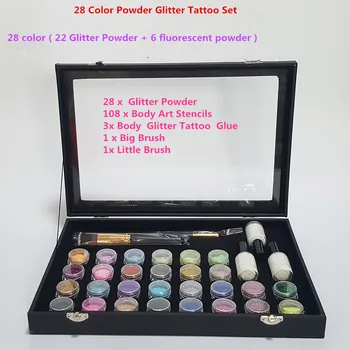 28 Colors Powder Temporary Shimmer Glitter Tattoo Kit for Body Art Design Paint with Stencil Glue and Brushes
28 Colors Powder Temporary Shimmer Glitter Tattoo Kit for Body Art Design Paint with Stencil Glue and Brushes