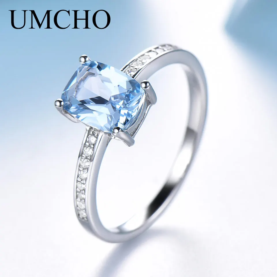 

UMCHO Rectangle Created Sky Blue Topaz Ring Real 925 Sterling Silver Jewelry Colorful Gemstone Rings For Women Gift Fine Jewelry