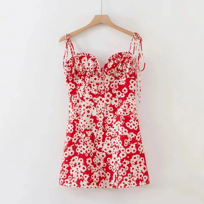 

Women Heart Neck Fit And Flare Floral Print Cami Dress Casual Strap Ties Mini Dress