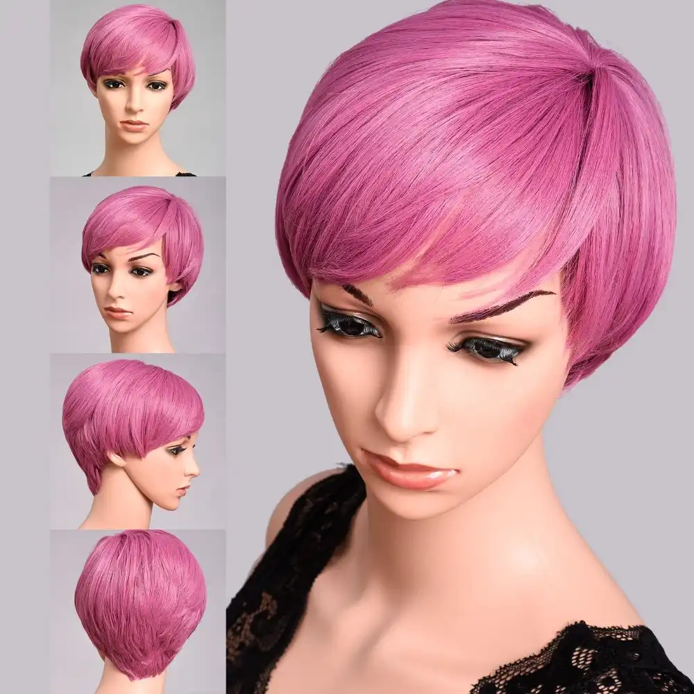 Dindong Pink Bob Wig With Bangs Short Pixie Cut Wigs Heat