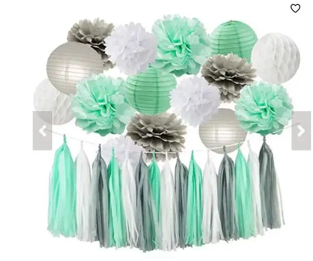 

18Pcs Baby Shower Decor Mint Grey White Party Decor Kit Tissue Paper Pom Pom Honeycomb Ball Tassel Garland for Birthday Decor
