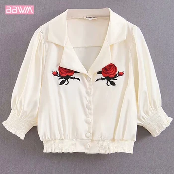 Summer new rose embroidered satin shirt women's puff sleeves loose single-breasted tunic waist navel short thin shirt 2019 Femal
Summer new rose embroidered satin shirt women's puff sleeves loose single-breasted tunic waist navel short thin shirt 2019 Femal