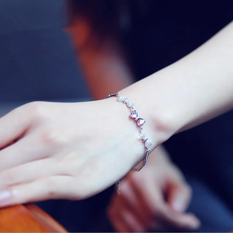 Everoyal Top Quality Silver 925 Girls Bracelets Jewelry Trendy Crystal Purple Bowknot Female Accessories Charm Lady | Украшения и
