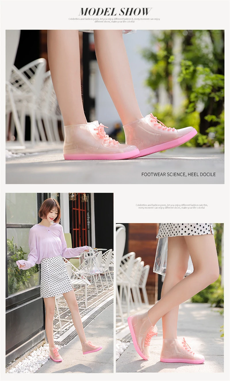 Fashion Jelly Transparent Shoes Cute Adult Women Rain Boots Korean Waterproof Female Shoes Non-slip Rubber Lady Shoes Ankle Boot (20)