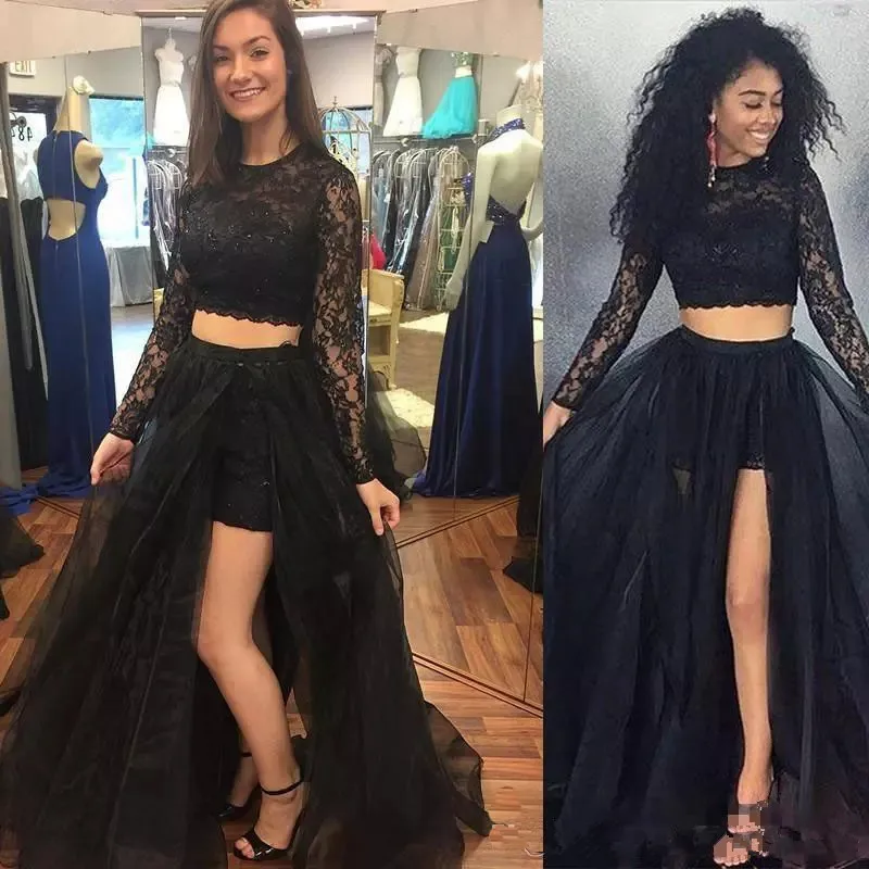 Sexy Black High Split Lace Tulle Prom Dresses Two Pieces Long Sleeve Pageant Dress Formal Dresses Party Evening Gown
Sexy Black High Split Lace Tulle Prom Dresses Two Pieces Long Sleeve Pageant Dress Formal Dresses Party Evening Gown