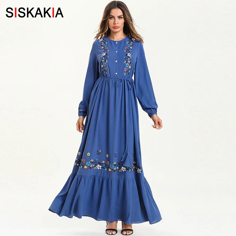 Siskakia Floral Embroidery Maxi Long Dress Elegant Ethnic Ruffles Draped Swing Eid Adha Ramadan Clothes Blue Single-Breasted
Siskakia Floral Embroidery Maxi Long Dress Elegant Ethnic Ruffles Draped Swing Eid Adha Ramadan Clothes Blue Single-Breasted
