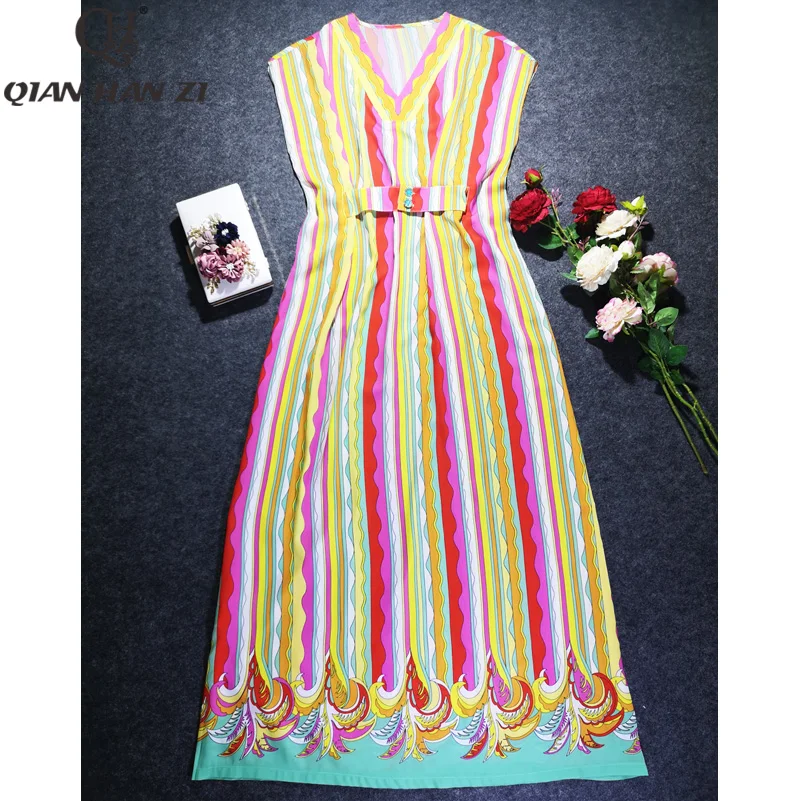 Qian Han Zi newest 2019 Designer Fashion Summer Maxi Dress Women's V-neck Stripe Print Loose Belt Slim Retro Long Dress
Qian Han Zi newest 2019 Designer Fashion Summer Maxi Dress Women's V-neck Stripe Print Loose Belt Slim Retro Long Dress