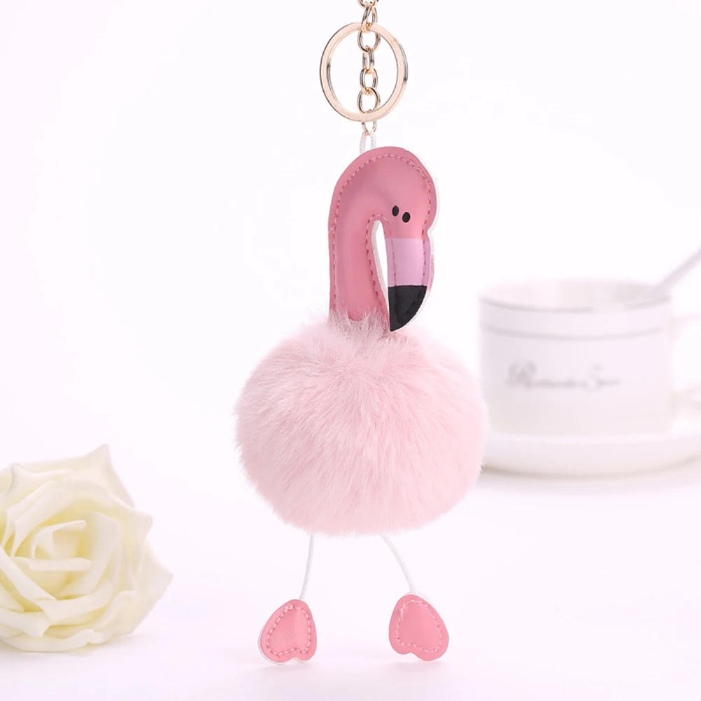 Cute Chaveiro Pompom Flamingo Keychain Key Chain Fluffy Fake Rabbit Fur Ball Women Car Bag Pompon Ring Accessories | Украшения и