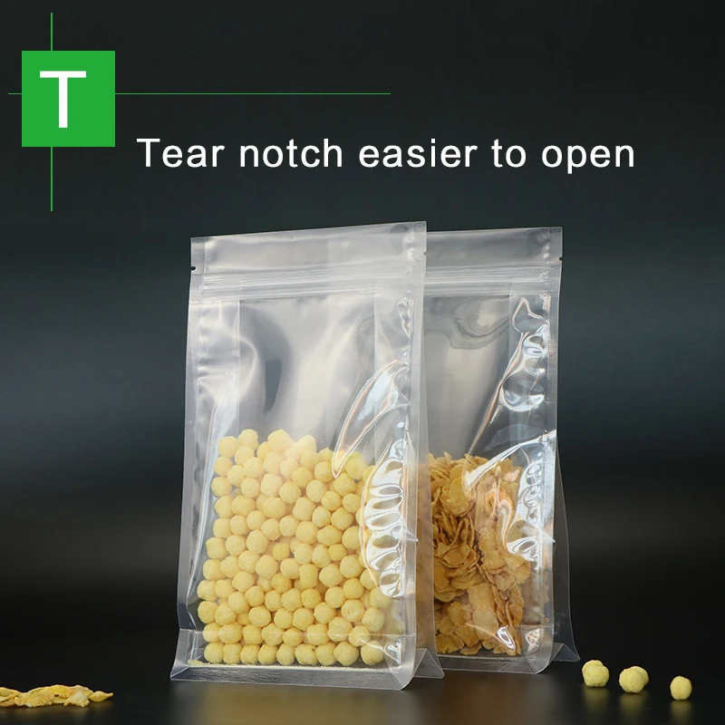 block bottom stand up pouch with zipper clear plastic laminated zip lock flat bottom quad seal rice seed food packaging bag