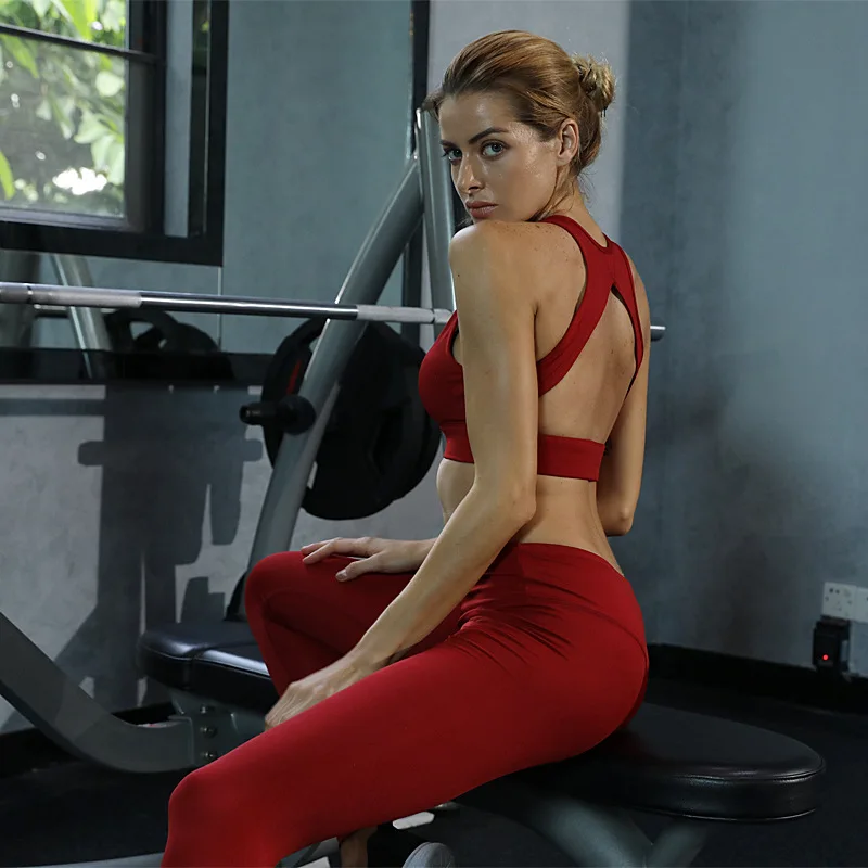 Sports Suit Women V Neck Tanks Tracksuits Crop Tops Slim Tights Tanks + Sexy Leggings Suit Set Clothing for Women's Fitness (10)