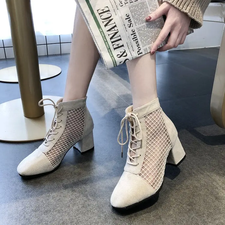 Women Chunky Hoof Heels Hollow Ankle Boots Lace Up Summer Square Closed Toe Breathable Mesh Dress Booties
Women Chunky Hoof Heels Hollow Ankle Boots Lace Up Summer Square Closed Toe Breathable Mesh Dress Booties