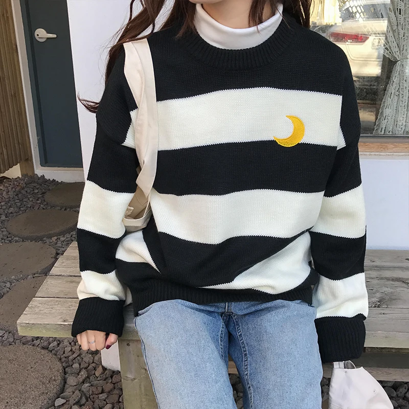 3 colors Korean style Candy Color Stripe Knitted Sweater Women Chic Moon Embroidery Autumn Winter Long Sleeve Pullovers womens
3 colors Korean style Candy Color Stripe Knitted Sweater Women Chic Moon Embroidery Autumn Winter Long Sleeve Pullovers womens