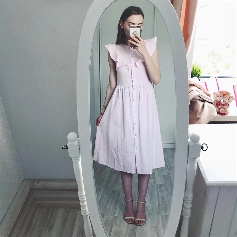pink Ruffle Sleeveless Mid Lenght Dress With Front Button 