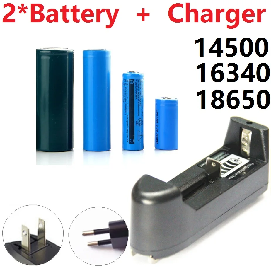 2 шт. Батарея + 1 зарядных устройств 3 7 V 14500/16340/18650 Перезаряжаемые для Светодиодный