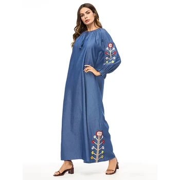 European and American simple fashion women's denim embroidered long-sleeved dress Muslim blue loose pleated dress
European and American simple fashion women's denim embroidered long-sleeved dress Muslim blue loose pleated dress