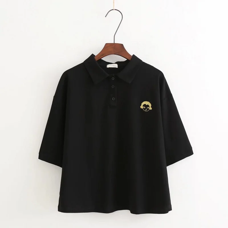 Women Shirt Cotton Cute Girl Embroidery Short Sleeve Ladies Black polo Shirts Tops Loose Preppy Style 2018 New Summer
Women Shirt Cotton Cute Girl Embroidery Short Sleeve Ladies Black polo Shirts Tops Loose Preppy Style 2018 New Summer