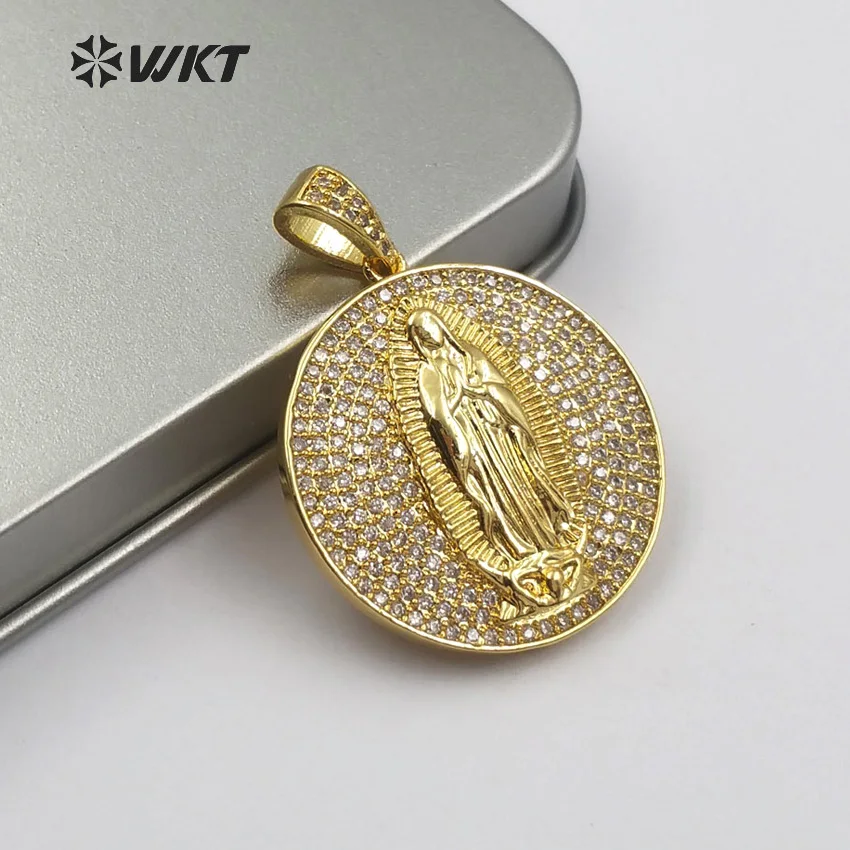 

WT-MP106 Gold And Silver Color Vermeil Virgin Mary Medallion Pendant In Round Shape CZ Pave Dainty Pendant For Women Necklace