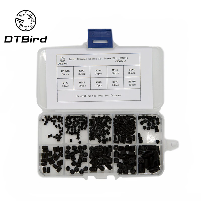 250Pcs/set M2.5 M3 M4 M5 M6 DIN916 Mix Black Steel Metric Thread Grub Screws Inner Hexagon Socket Set Screw Kit
250Pcs/set M2.5 M3 M4 M5 M6 DIN916 Mix Black Steel Metric Thread Grub Screws Inner Hexagon Socket Set Screw Kit