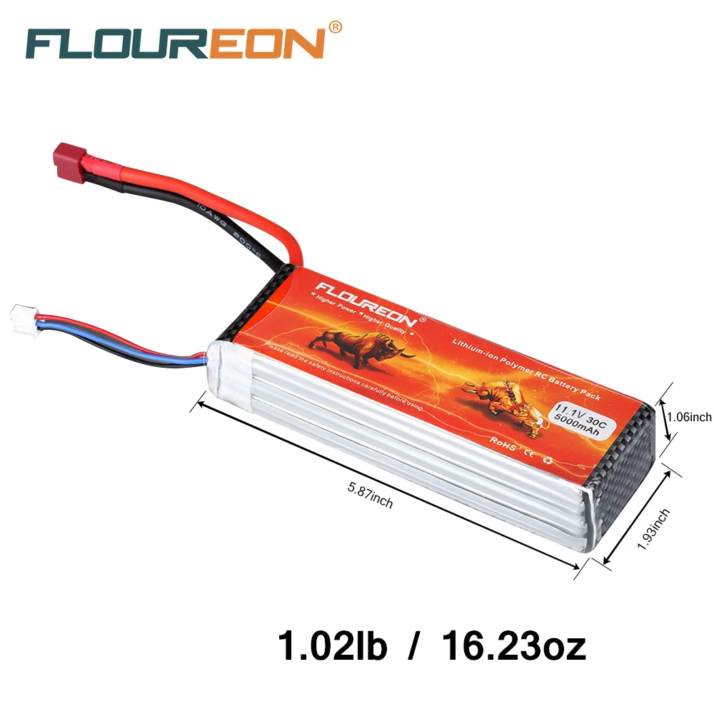 FLOUREON Lipo 3S 11.1V 5000mAh 30C Lipo Battery Pack Deans Plug Rechargeable Battery for RC Helicopter RC Airplane RC Hobby
FLOUREON Lipo 3S 11.1V 5000mAh 30C Lipo Battery Pack Deans Plug Rechargeable Battery for RC Helicopter RC Airplane RC Hobby