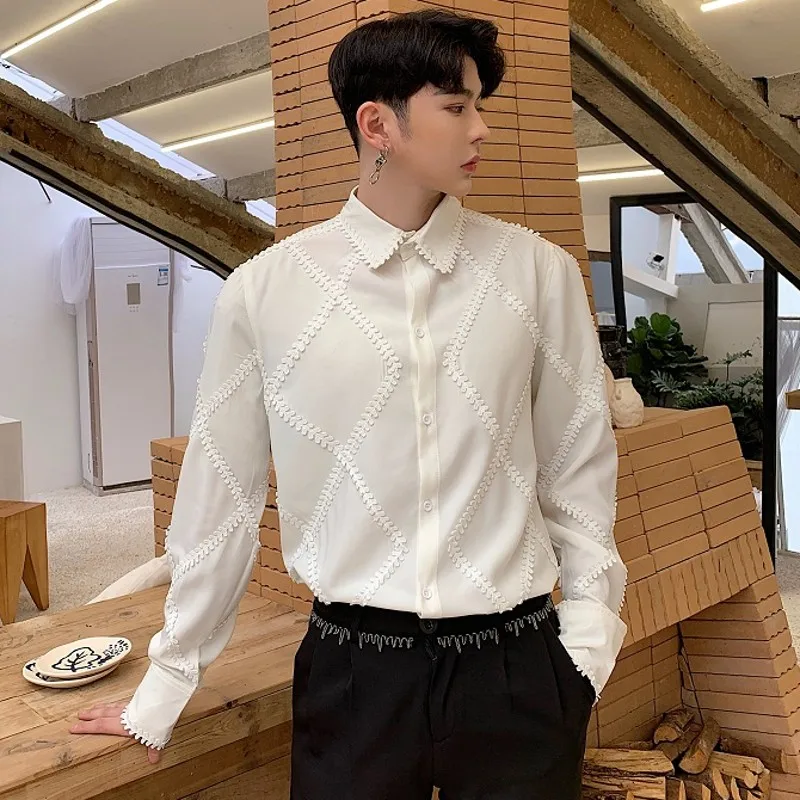Men Dress Shirts Plaited Rhombus Lace Design Blouse Male Black White England Style Vintage Luxury Prom Party Wedding Shirt Men
Men Dress Shirts Plaited Rhombus Lace Design Blouse Male Black White England Style Vintage Luxury Prom Party Wedding Shirt Men