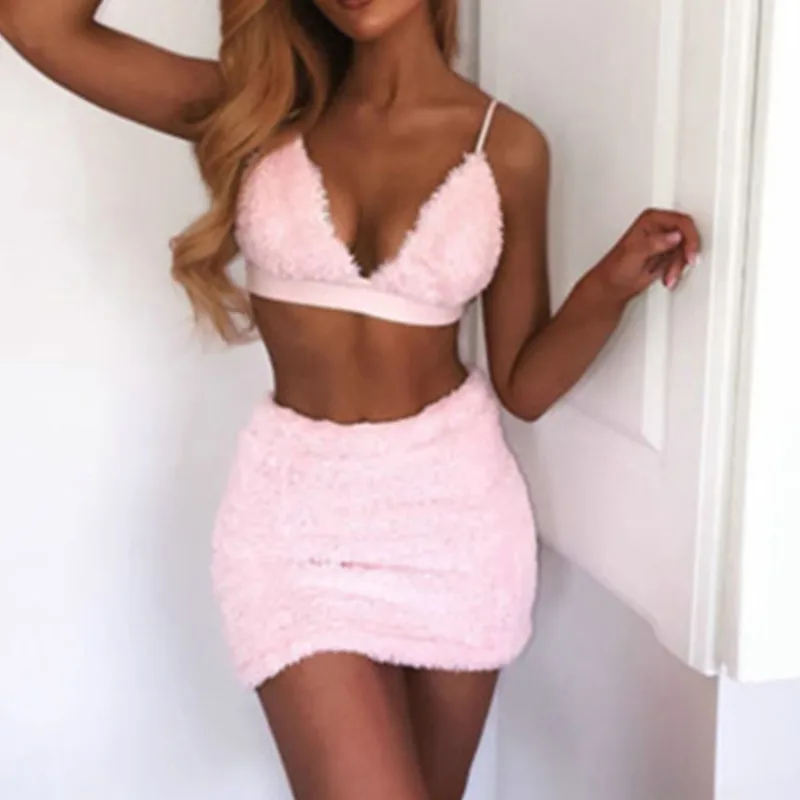Faux Fur Pink Sexy Two Piece Set Halter Bralette Crop Top and Mini Skirt Autumn Winter Outfits Club Dress Female Suit W3
Faux Fur Pink Sexy Two Piece Set Halter Bralette Crop Top and Mini Skirt Autumn Winter Outfits Club Dress Female Suit W3