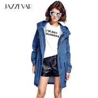 JAZZEVAR Autumn Winter High Fashion Street Cotton Demin Hooded Trench for woman 2018 Casual Washed Outerwear Loose Clothing image