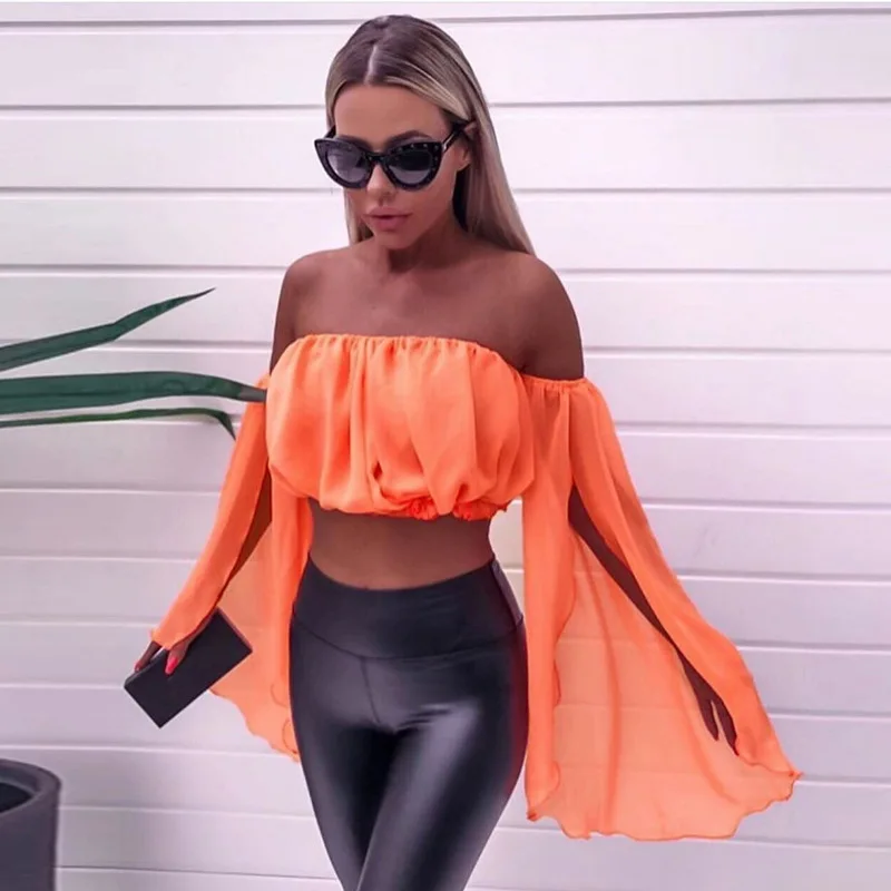 Ahagaga 2019 Fashion Neon Green Oragne Chiffon T-shirts Women Crop Tops Summer Streetwear Slash Neck Flare Sleeve Women T Shirts
Ahagaga 2019 Fashion Neon Green Oragne Chiffon T-shirts Women Crop Tops Summer Streetwear Slash Neck Flare Sleeve Women T Shirts
