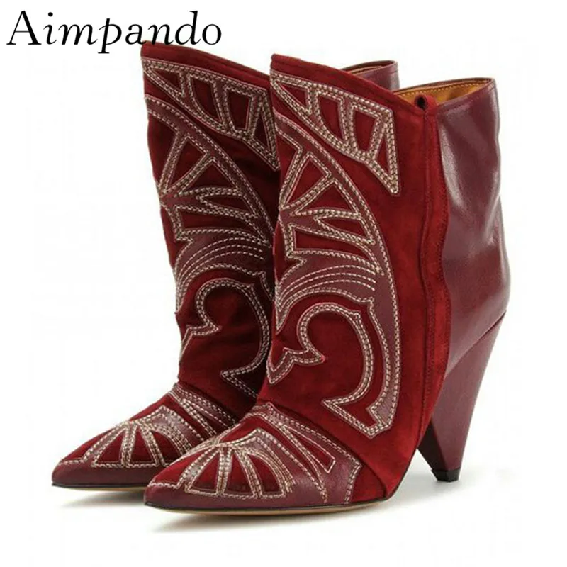 Vintage Claret Sewing Ankle Boots For Women Individual Spike Heel Pointed Toes Embroidery Suede Short Booties Woman
Vintage Claret Sewing Ankle Boots For Women Individual Spike Heel Pointed Toes Embroidery Suede Short Booties Woman
