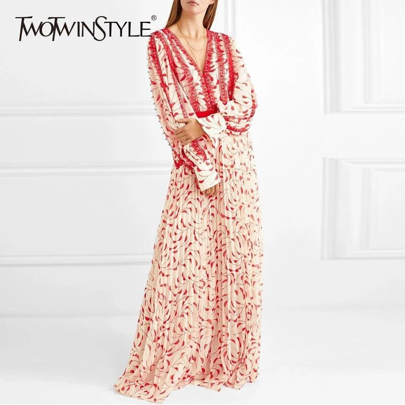 TWOTWINSTYLE Spring Patchwork Lace Dress Women V Neck Lantern Sleeve High Waist Long Print Dresses Female 2019 Elegant Fashion
TWOTWINSTYLE Spring Patchwork Lace Dress Women V Neck Lantern Sleeve High Waist Long Print Dresses Female 2019 Elegant Fashion