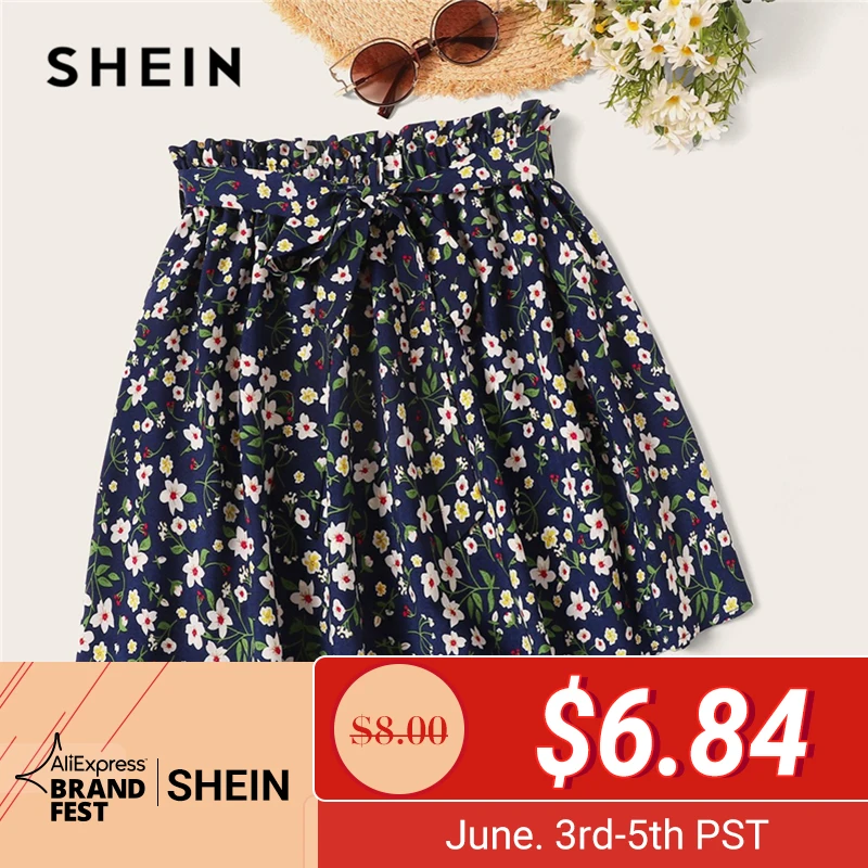 

SHEIN Boho Navy Ditsy Floral Print Paperbag Waist Belted Flared Skirts Womens Summer 2019 Casual Frilled Pleated Mini Skirt
