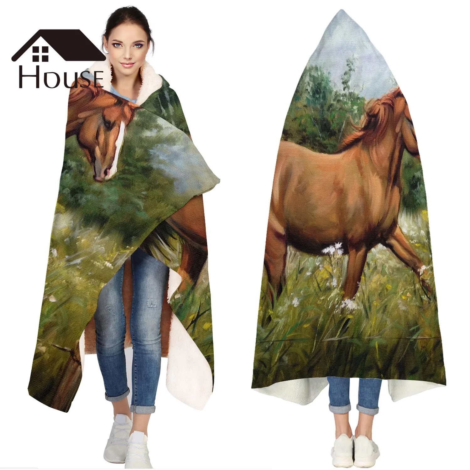 Portable Wearable Fluffy Custom Hooded Blanket Horse Animals Oil Painting Fleece Hooded Throw Blanket
Portable Wearable Fluffy Custom Hooded Blanket Horse Animals Oil Painting Fleece Hooded Throw Blanket
