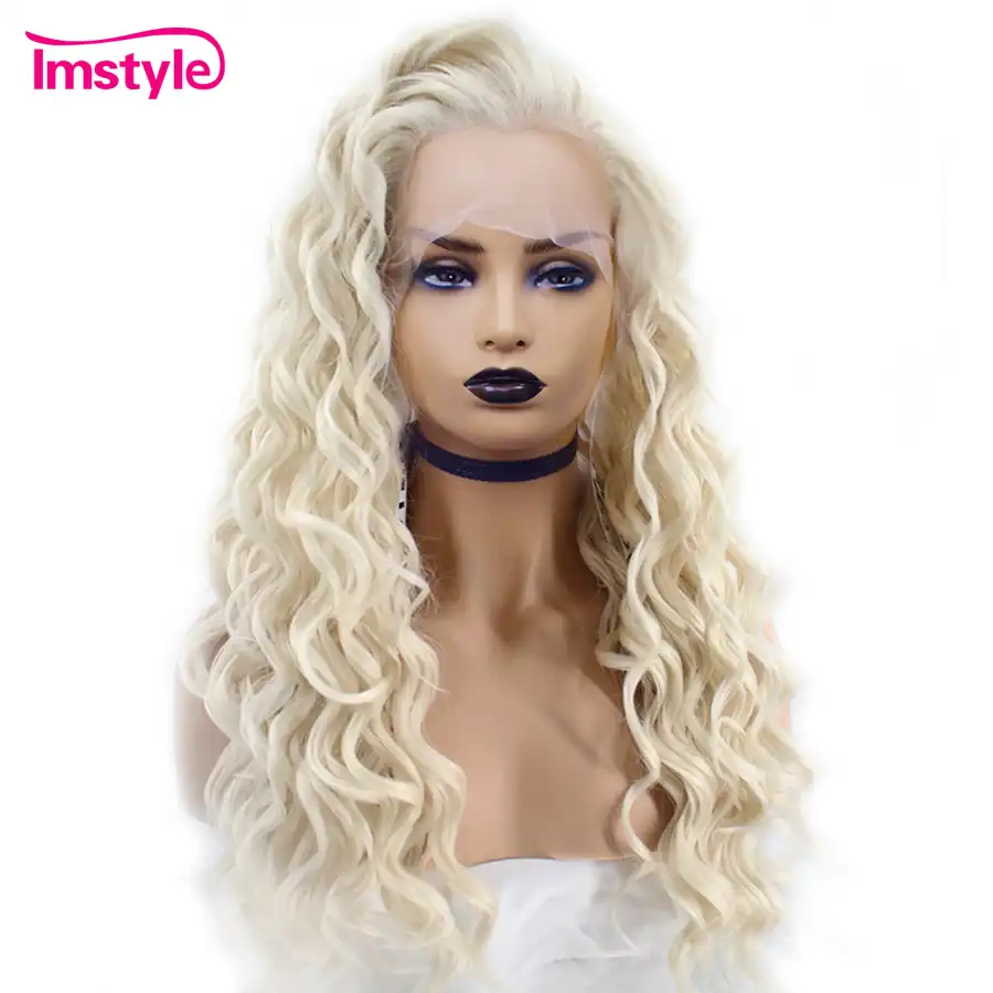 Imstyle Long Deep Wave Platinum Blonde Wigs Heat Resistant Fiber