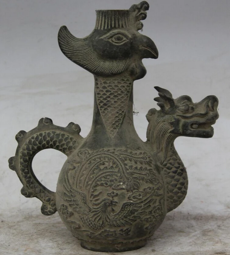Elegant old S2451 8" Old Chinese Dynasty Bronze Phoenix Bird Dragon Handle Wine Tea Pot Flagon statue
Elegant old S2451 8" Old Chinese Dynasty Bronze Phoenix Bird Dragon Handle Wine Tea Pot Flagon statue