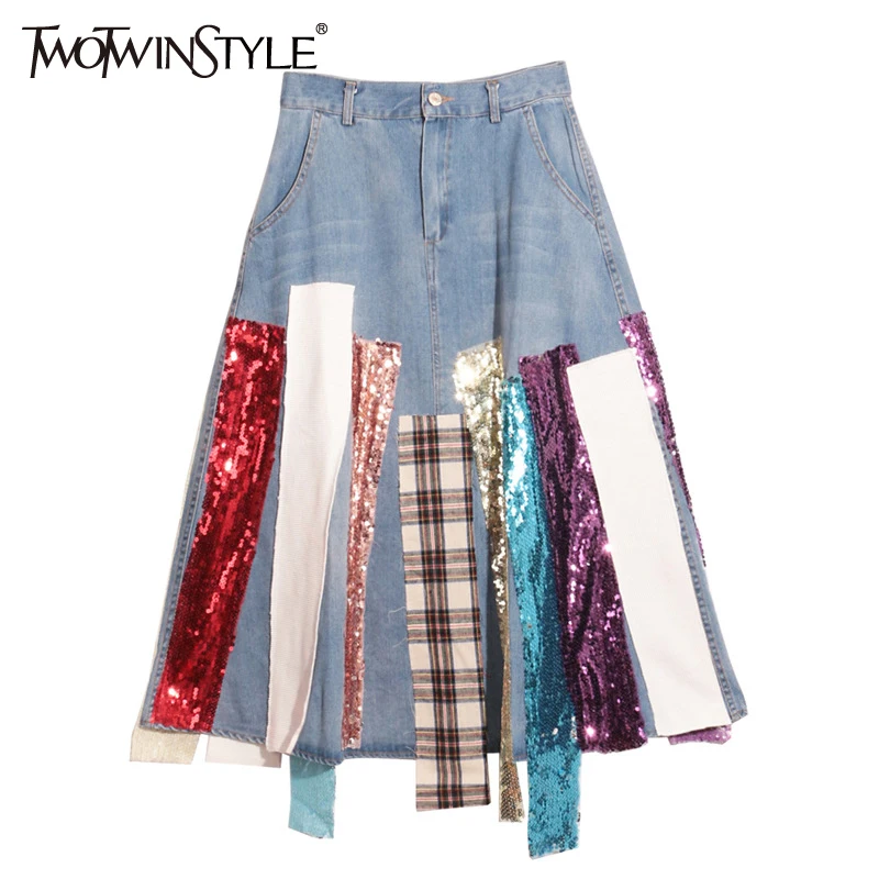 Image TWOTWINSTYLE A Line Midi Denim Skirt Long Jeans Skirts Women High Waist Patchwork Fashion Casual Clothes Korean Large Big Sizes