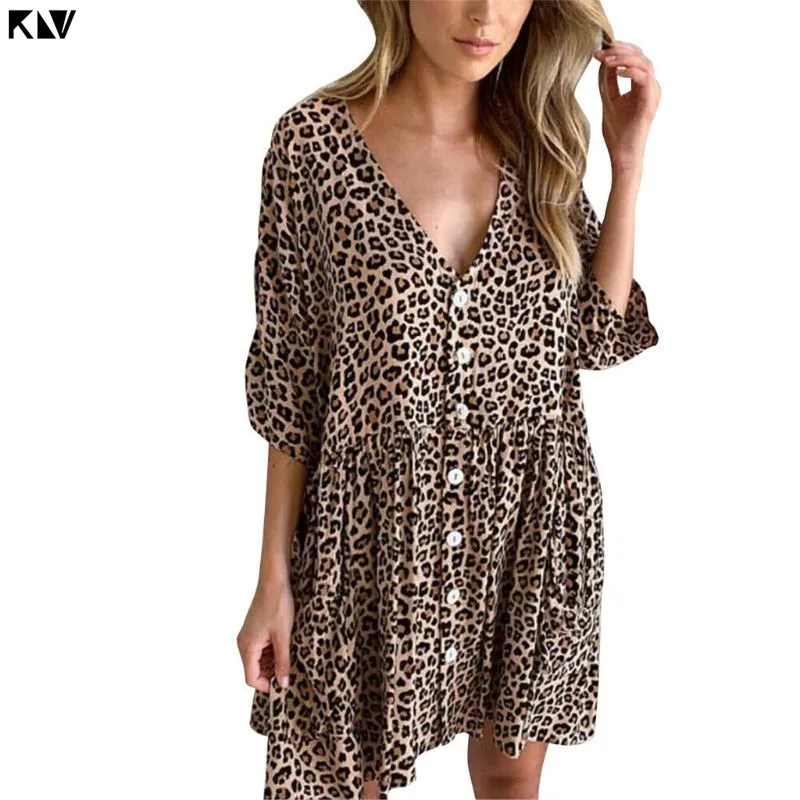 KLV Women Ladies Leopard Print V Neck Button Sundress Holiday Loose Mini Tunic Dress
KLV Women Ladies Leopard Print V Neck Button Sundress Holiday Loose Mini Tunic Dress