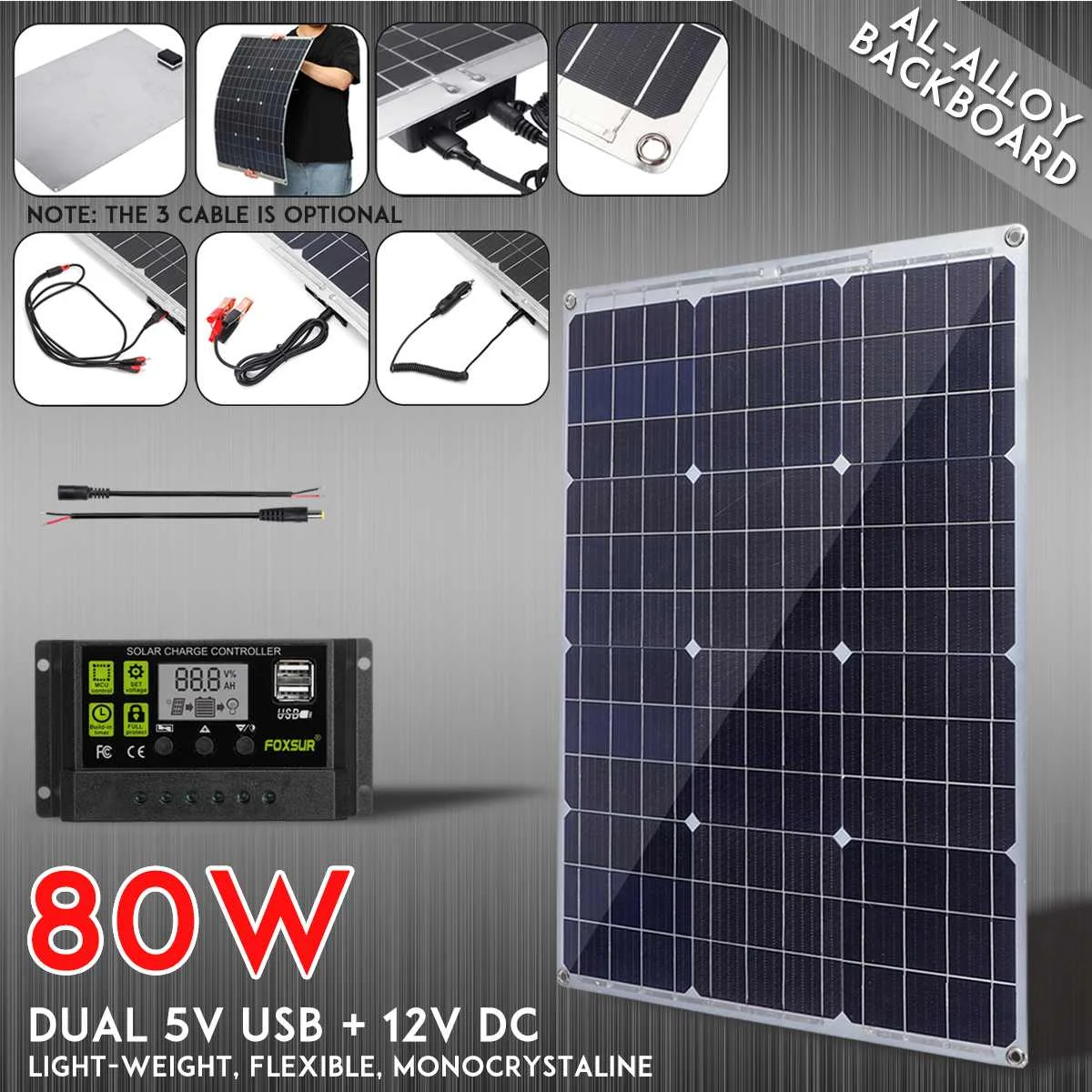 LEROY 80W Flexible Solar Panel Solar Cells 10/20/30A Dual USB Solar Charge Controller for Car Led light Phone Outdoor Charger
LEROY 80W Flexible Solar Panel Solar Cells 10/20/30A Dual USB Solar Charge Controller for Car Led light Phone Outdoor Charger